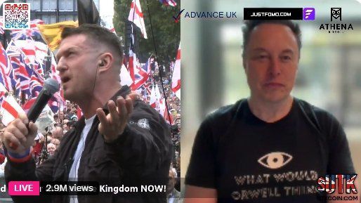 일론 머스크 테슬라 최고경영자(CEO)가 13일(현지시간) 영국 런던의 극우 집회에서 영국 극우 활동가 토미 로빈슨과 화상으로 대화하는 모습. X 캡처