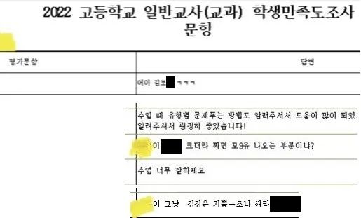 세종시 A고등학교 교사들이 받은 교사 학생만족도 조사 결과. 교원평가 성희롱 피해 공론화 트위터 계정 갈무리