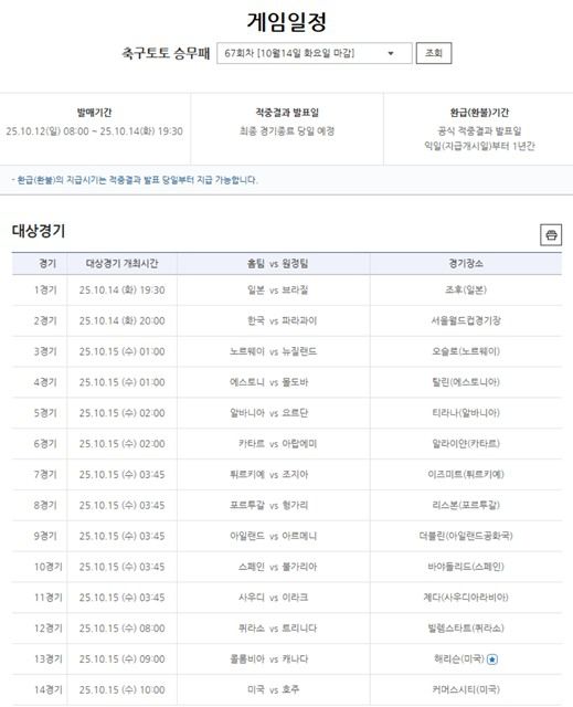 축구토토 승무패 67회차 대상 경기.