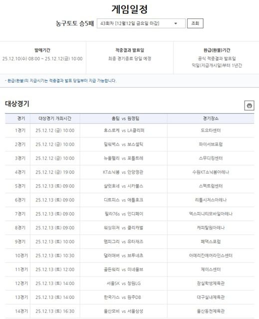 농구토토 승5패 43회차 대상 경기.
