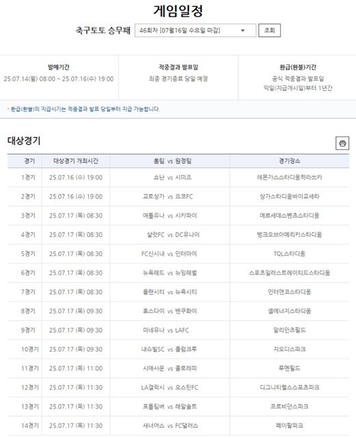 축구토토 승무패 46회차 대상 경기.