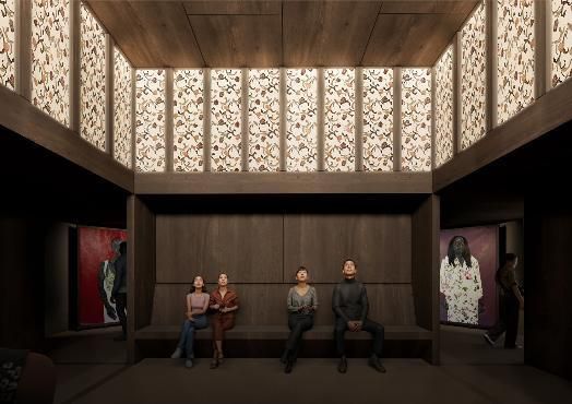 경북 경주시 우양미술관에서 열린 아모아코 보아포 개인전에 설치된 파빌리온(가설 공간) '신성한 공간'은 한옥 건축과 자수로부터 영감을 받아 명상할 수 있는 공간으로 마련됐다. 우양미술관 제공