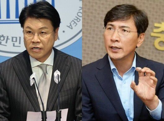 장제원 전 국민의힘 의원(왼쪽)과 안희정 전 충남도지사. 한겨레 자료사진, 충남도청 제공