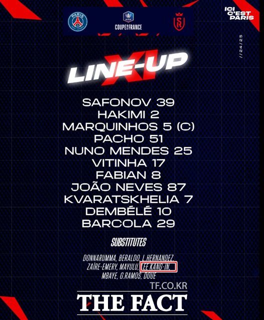 25일 랭스와 쿠프 드 프랑스 결승전 교체 명단에 이름을 올린 PSG 이강인./PSG