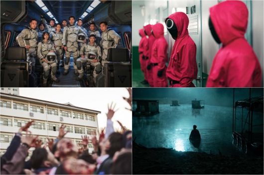 올해 개봉 예정인 넷플릭스 오리지널 시리즈들. 왼쪽위부터 시계방향으로 <고요의 바다> <오징어게임> <지옥> <지금 우리 학교는>. 넷플릭스 제공