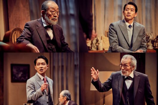 연극 <라스트 세션> 공연 장면. (왼쪽 윗줄부터 시계방향으로) 배우 신구, 이상윤, 오영수, 전박찬. 파크컴퍼니 제공