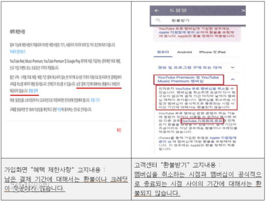 유튜브 프리미엄 서비스 안내 화면. 공정위