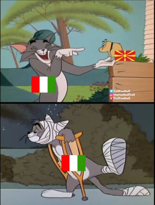 축구매체 트롤풋볼이 북마케도니아에 패한 이탈리아를 생쥐를 얕보다가 호되게 당한 고양이 톰에 비유해 그린 삽화. 트롤풋볼 홈페이지