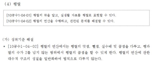 2022 개정 교육과정 고등학교 수학과 공통 교육과정 시안 중 ‘행렬’ 성취기준과 해설.