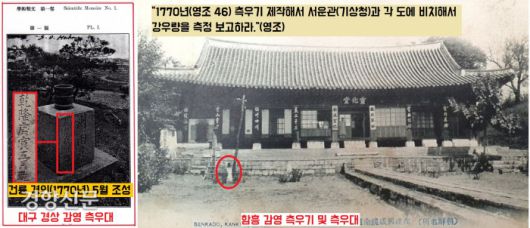 1770년(영조 46) 측우기를 제작한 영조는 “측우기를 서운관과 각 지방에 비치해두고 강우량을 측정해서 보고하라”는 명을 내린다.|출처:한수당 연구원 블로그(https://blog.naver.com/hahnsudang/)에서