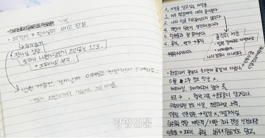 나은씨가 사생활 폭로 협박을 하며 교제를 강요했던 전 연인과의 소송 도중 작성한 메모들. 성동훈 기자·가족 제공