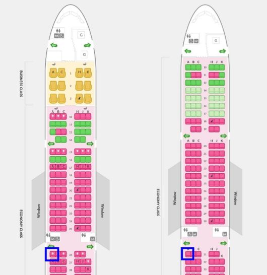 판매가 전면 중단된 A321-200 항공기의 비상구 옆 좌석(파란색 사각형). 왼쪽이 174석, 오른쪽이 195석 항공기. 아시아나항공 홈페이지 캡처