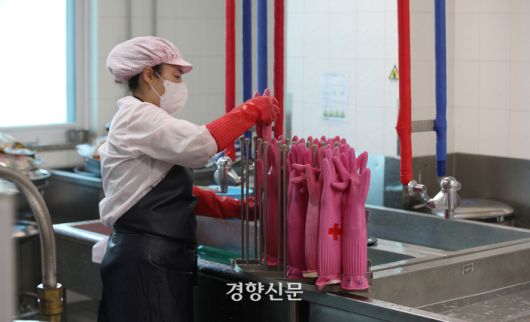 분홍색, 빨간색, 하늘색, 미색…. 급식실에는 다양한 색깔의 장갑과 앞치마가 있다. 전처리, 조리, 후처리 공정별로 장갑, 앞치마를 구분해 입어야 하기 때문이다. 권도현 기자
