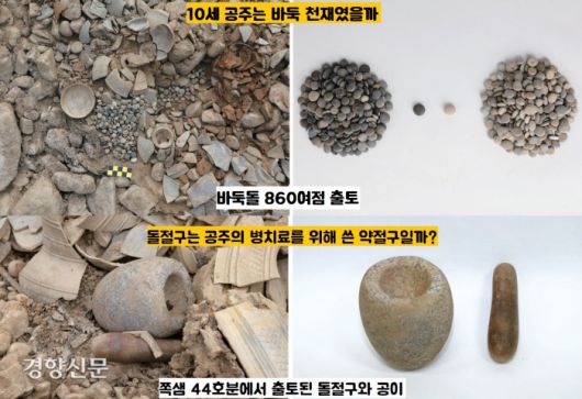 쪽샘 44호분의 특징유물 중 바둑돌 860여점이 눈에 띈다. 공주는 어릴 적부터 바둑을 배운 것일까. 돌절구와 공이가 출토됐다. 약절구일 가능성이 있다. 병 때문에 죽은 어린 공주를 위해 생전에 약제를 조제할 때 사용했던 절구와 공이를 묻어준 것일 수도 있다.|국립경주문화재연구소 제공