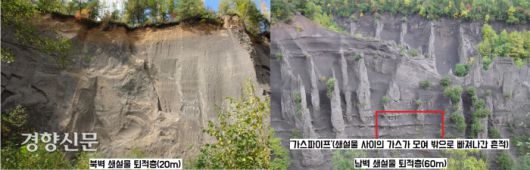 백두산 곳곳에 10세기 중반의 대분화 때 쌓인 화산분출물 퇴적층이 보인다. 남쪽면에는 그 두께가 60m 나 되는 곳이 있다. 상상을 초월하는 대분화였음을 증명해준다. |윤성효·장철우·김선경의 논문에서