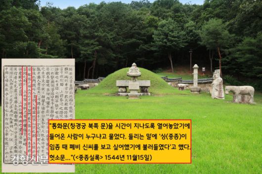 중종이 폐비 신씨에게 마음의 빚이 있다는 소문이 파다하게 퍼졌던 모양이다. 중종이 승하하기 직전, 사경을 헤맬 때 창경궁 통화문을 열어두어 신씨를 만났다는 소문이 돌기도 했다.|규장각 한국학연구원 자료