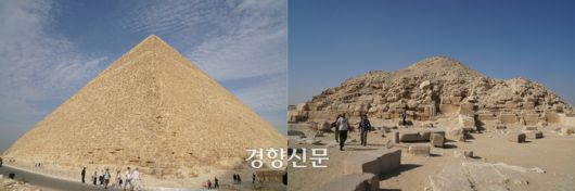 ‘피라미드 시대’라 불리는 고왕국시대(기원전 2600~2100년경)의 피라미드를 대표하는  쿠푸 파라오의 피라미드(왼쪽)와 첫 ‘피라미드 텍스트’로 유명한 우나스 파라오의 허물어진 피라미드. 도재기 선임기자