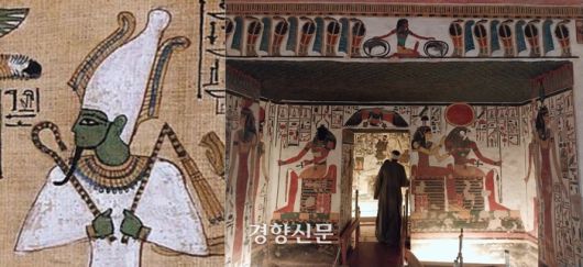 신왕국시대 ‘사자의 서’에 묘사된 사후세계의 신 오시리스(왼쪽)와 람세스 2세의 왕비 네페르타리와 여러 신들이 그려져 있는 네페르타리 무덤의 내부. 도재기 선임기자