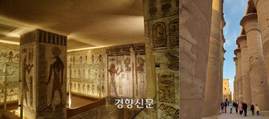 룩소르의 ‘왕들의 계곡’에 있는 람세스 3세의 무덤 내부(왼쪽)와 룩소르신전의 일부. 도재기 선임기자