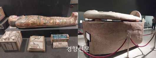 룩소르박물관에 전시된 신왕국시대 귀족의 미라 관과 껴묻거리들 일부(왼쪽), 석관. 도재기 선임기자