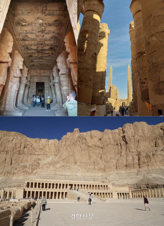 람세스 2세의 아부심벨 대신전 내부의 거대한 석상들(위 왼쪽)과 부조가 빼곡한 거대한 기둥들과 오벨리스크가 서있는 카르나크 신전( 위 오른쪽), 인류 건축사의 기념비로 평가받는 하트셉수트 장례신전 전경(아래). 도재기 선임기자