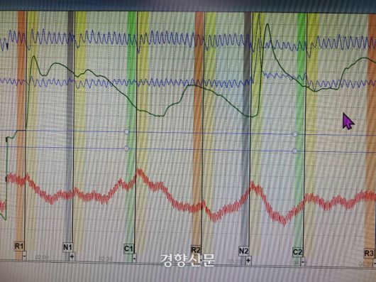 실제 폴리그래프 검사 화면이다. 파란색·초록색·빨간색 선이 흉부·복부 호흡과 심박수 등을 나타내며 생리적 반응이 거짓말을 할 때 무의식적으로 변하는 특성을 이용해 정해진 질문에 대한 답변이 진실인지 거짓인지 측정한다. 전현진 기자