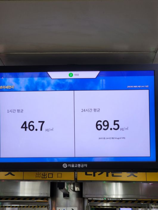 서울 지하철 2호선 이대역에 설치돼 있는 초미세먼지 농도 알림 정치. 김기범 기자