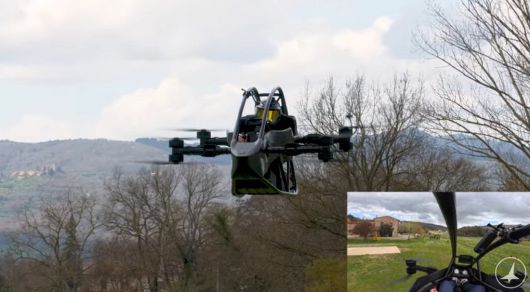 지난달 말 공개된 개인용 항공기 ‘젯슨 원’ 비행 모습. 1인승이며 시속 100㎞로 날 수 있다. 우측 하단은 조종실에 장착된 카메라로 찍은 전방 모습이다.  젯슨 제공
