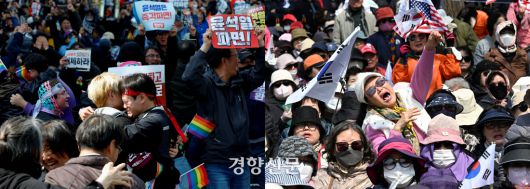 지난 4일 헌법재판소의 윤석열 전 대통령 파면 직후 서울 안국역 일대에서 생중계로 선고를 지켜보던 탄핵 찬성 시민들이 환호하고 있다(왼쪽 사진). 비슷한 시각 서울 한남동 대통령 관저 인근에서 탄핵 반대를 외치던 시민 일부가 오열하고 있다. 문재원·성동훈 기자