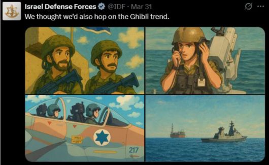 지난 3월 31일(현지시간) 이스라엘방위군(IDF)이 엑스(X·옛 트위터)에  ‘지브리’ 화풍으로 그려진 군인 이미지를 올렸다. 지브리 스튜디오의 미야자키 하야오 감독은 반전주의자로 유명한데, 전쟁을 미화한 이미지로 지브리풍이 무분별하게 사용됐다는 비판이 제기됐다.|이스라엘방위군 엑스 캡처