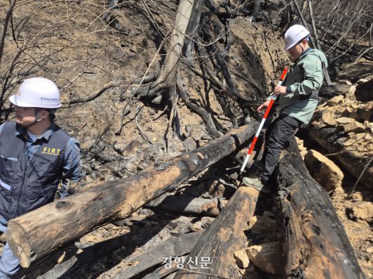 양대성 한국치산기술협회 산사태연구실 실장과 박성균 경남지부 팀장이 경남 산청군 시천면 중태 마을 뒷산의 산사태 위험 정도를 확인하고 있다. 반기웅 기자