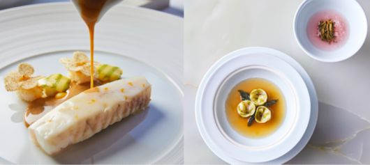 라망시크레의 찰광어 미네스트로네(왼쪽), 이타닉가든의 냉이만둣국과 순무동치미. 조선호텔앤리조트 제공