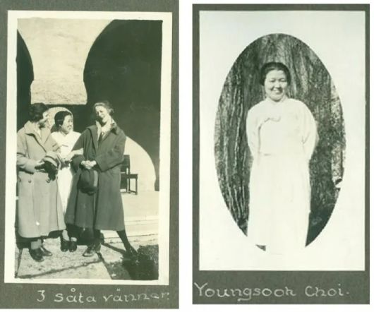 최영숙은 스웨덴에서 한복을 즐겨 입었다. 일제 강점기 상황을 늘 알리려 했다. 왼쪽은 시그투나 인민학교를 다닐 때 친구들과 찍은 사진이다. ‘3명의 귀여운 친구들’이라고 적혀 있다. 출처는 시그투나스티프텔센 도서관 아카이브. 이효진 제공