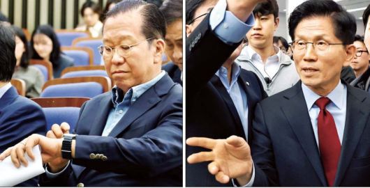 <시간에 쫓기고... 재촉에 쫓기고...> 권영세 국민의힘 비상대책위원장이 6일 국회에서 열린 대선 후보 단일화를 논의하는 의원총회에서 시간을 확인하고 있다(왼쪽 사진). 김문수 국민의힘 대선 후보가 6일 APEC 회의장인 경북 경주시 경주화백컨벤션센터에서 일정 중단을 선언한 뒤 이동하고 있다. 한수빈 기자·연합뉴스