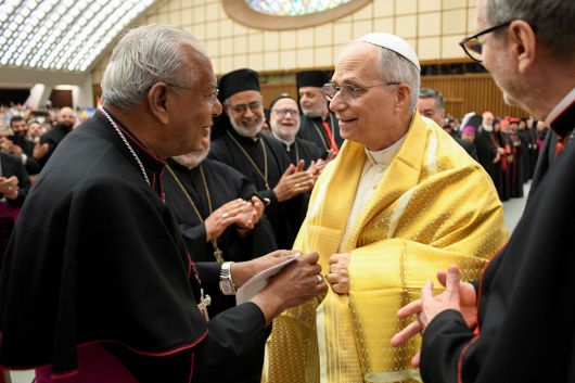 교황 레오 14세가 14일(현지시간) 바티칸 바오로 6세 홀에서 열린 동방 교회 희년 행사에 참석하고 있다. 로이터연합뉴스