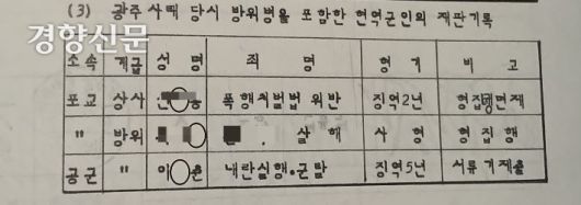 1989년 육군본부가 국회 광주특위에 제출한 5·18기간 현역 군인 재판기록. 이재춘씨는 1980년 5·18민주화운동 당시 시민군으로 참여했다가 ‘내란실행과 군무이탈’로 처벌을 받은 유일한 군인이었다.