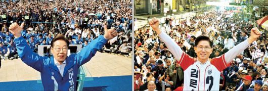 <동탄 광장에서...대구 시장에서> 이재명 더불어민주당 대선 후보가 6·3 대통령선거 공식 선거운동 첫날인 12일 경기 화성시 동탄센트럴파크 음악분수중앙광장에서 집중유세 중 두 팔을 번쩍 들어올리고 있다(왼쪽 사진). 김문수 국민의힘 대선 후보가 대통령선거 공식 선거운동이 시작된 12일 대구 중구 서문시장에서 유세를 하던 중 두 주먹을 쥔 채 지지를 호소하고 있다. 박민규 선임기자·성동훈 기자