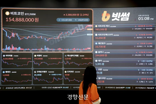 가상통화 비트코인이 미국의 가상자산 관련 정책 영향으로 사상 처음 11만달러를 넘어선 22일 서울 강남구 빗썸 고객센터 전광판에 비트코인 시세가 표시돼 있다. 문재원 기자
