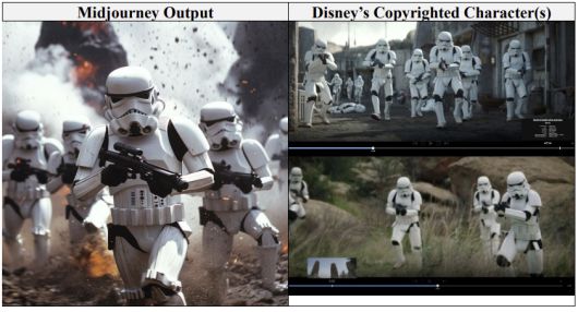 월트디즈니가 저작권을 보유한 스타워즈 캐릭터(오른쪽)와 미드저니 AI가 생성한 이미지(왼쪽)를 비교하는 자료. 디즈니가 미국 법원에 제출한 자료 갈무리