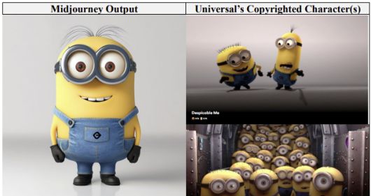 NBC유니버설이 저작권을 보유한 미니언즈 캐릭터(오른쪽)와 미드저니 AI가 생성한 이미지(왼쪽)를 비교하는 자료. NBC유니버설이 미국 법원에 제출한 자료 갈무리