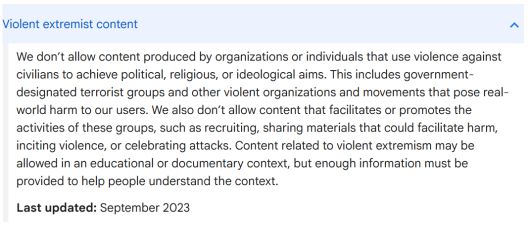 구글의 모회사 알파벳은 2023년 9월 서비스 운영 정책에 폭력적 극단주의 정보 공유 금지를 포함시켰다. 구글 홈페이지 갈무리