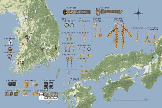 공주 왕릉원 2호분 출토 귀걸이와 주요 유물 분포도.    국가유산청 제공