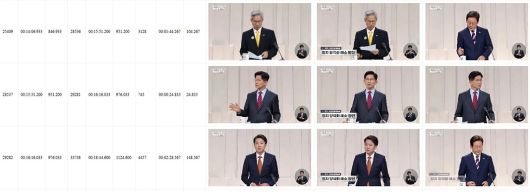 파이썬 라이브러리 ‘PySceneDetect’를 활용해 토론 영상을 분석하는 모습 스크린샷, 첫번째줄의 권영국 후보와 이재명 후보를 같은 사람으로, 세번째줄의 이준석 후보와 이재명 후보를 같은 사람으로 인식하고 있다