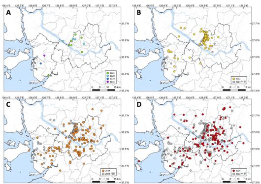 시민과학플랫폼 네이처링 등에 시민들이 올린 기록을 통해 수집한 연차별 붉은등우단털파리(러브버그) 관찰 기록. 2022년 서울 은평구, 경기 고양시 일대에서 집중적으로 관찰되기 시작하다가, 2024년에는 서울 대부분 구와 경기 일대까지 확산됐다. 국립생물자원관·신승관 서울대 교수 연구팀 제공