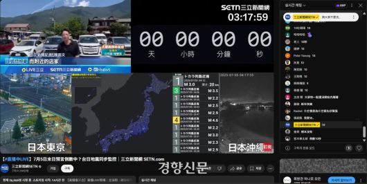대만의 24시간 뉴스채널 산리뉴스(三立新聞台)가 일본 만화가 타츠키 료가 대지진이 일어나는 꿈을 꾼 시간인 7월 5일 새벽4시 18분으로 맞춰놓은 카운터가 0분 0초를 기록하는 순간. 2만6천여명의 동시접속자가 지켜보는 가운데 실시간 지진정보를 보여주는 인포그래픽은 아무런 변화도 일어나지 않았다는 것을 보여주고 있다. /유튜브 캡처