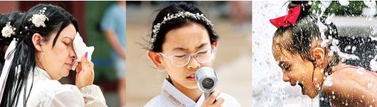 <한국, 이렇게 더운 나라였나요? > 서울 전역에 올해 첫 폭염주의보가 발효된 30일 서울 경복궁 나들이에 나선 외국인 관광객이 더위에 땀을 닦거나 휴대용 선풍기 바람을 쐬고 있다(왼쪽·가운데 사진). 한 외국인 어린이가 광화문광장 바닥분수대에 뛰어들어 더위를 식히고 있다. 권도현 기자·연합뉴스