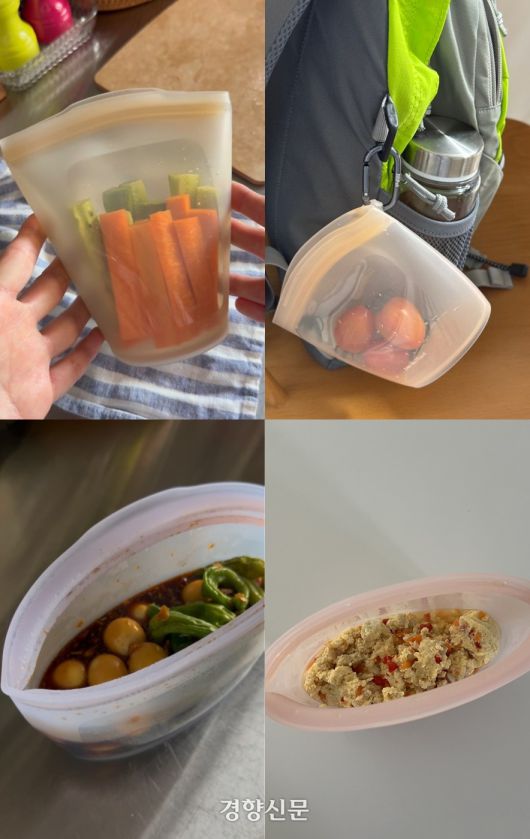 아이 간식 포장, 냉커피 테이크아웃, 심지어 등산 배낭까지 함께했다. 김밥이나 커피를 담아 외출하면서 일회용품을 줄인다는 뿌듯함도 뒤따랐다. 김지윤 기자