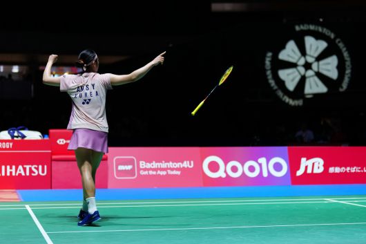 안세영이 7월 20일 일본 도쿄에서 열린 일본 배드민턴 오픈 2025 여자 단식 결승전에서 중국의 왕즈이를 꺾고 승리한 후 세레머니를 하고 있다. 신화 연합뉴스