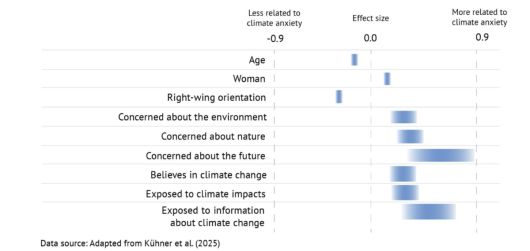 메타 분석에 따른 기후불안 관련 특성. -0.9는 기후불안과 덜 관련이 있음을 나타내고 0.9는 더 관련이 있음을 나타낸다. 카본브리프 제공