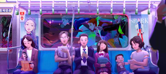 셀린 킴이  경향신문을 통해 공개한 <케이팝 데몬 헌터스>의 작업물. 승객부터 광고까지 지하철 풍경이 고스란히 그려져 있다.